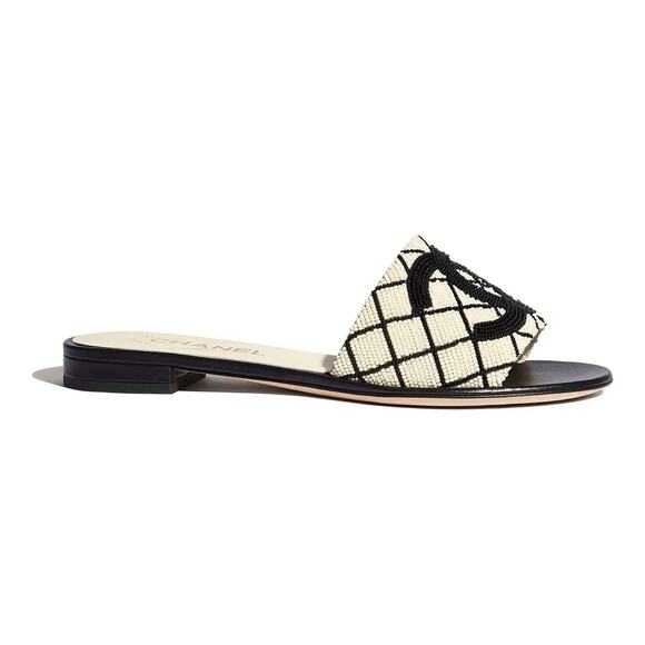 Chanel 20P Black White Pearl Embroidery CC Logo Slide Slip Sandal Mule Flat 36 - Picture 3 of 16